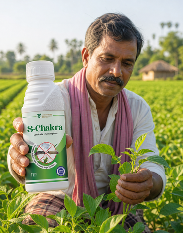 Odisha farmer using S-Chakra product in crop field