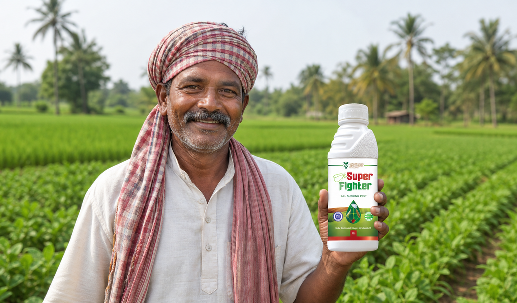 Super Fighter product held by Odisha farmer in crop field